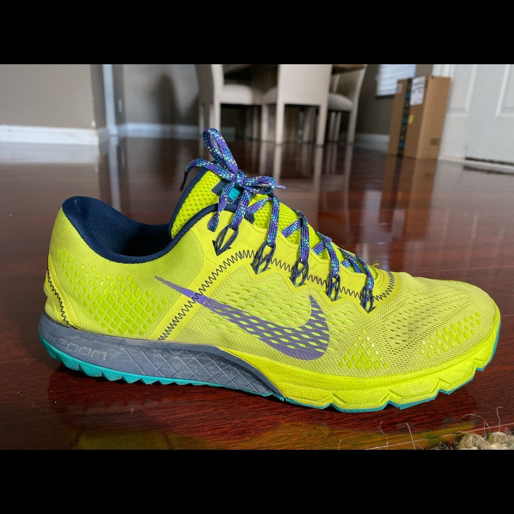 Nike blue and lime yellow running shoes